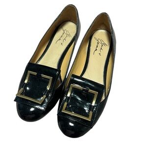 Vintage Badgley Mischka Mark & James Black Patent Leather Flats Gold Buckle 7.5